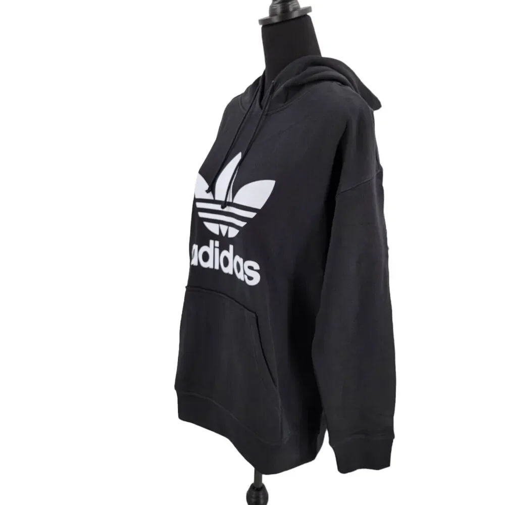 Adidas Originals Hoodie Womens Large Black White Trefoil Pullover Sweatshirt NEW - Picture 4 of 16